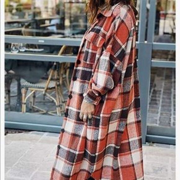 New Plaid Button Down Long Shacket Jacket - Picture 8 of 9